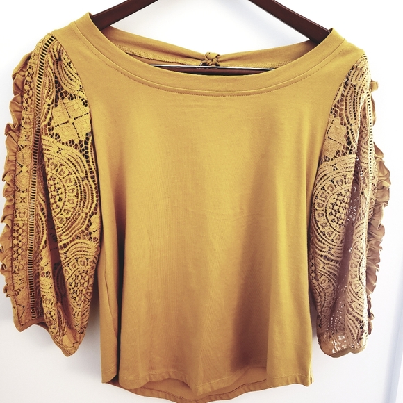 Anthropologie Tops - Anthropologie Gold Lace Ruffled Sleeve Top size:XS